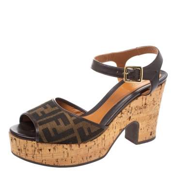 Pre Owned Fendi Tobacco Zucca Canvas Cork Platfrom Wedge Sandals Size 40