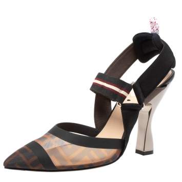 Pre Owned Fendi Black/Tobacco Zucca Mesh Colibri Slingback Pumps Size 38