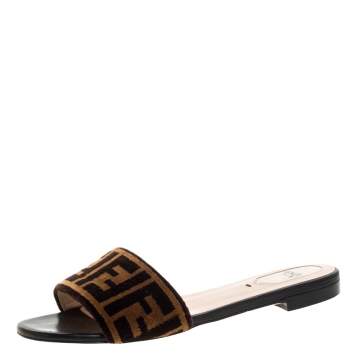 Pre Owned Fendi Black/Brown Zucca Velvet Slide Flats Size 37