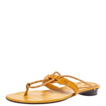 Pre Owned Fendi Tan Logo Embossed Leather Braided Cord Strap Thong Sandals Size 41
