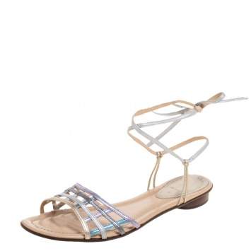Pre Owned Fendi Metallic Multicolor Leather Ankle Wrap Flat Sandals Size 41