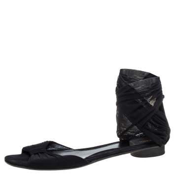 Pre Owned Fendi Black Suede And Stretch Mesh Fabric Ankle Wrap Flat Sandals Size 41