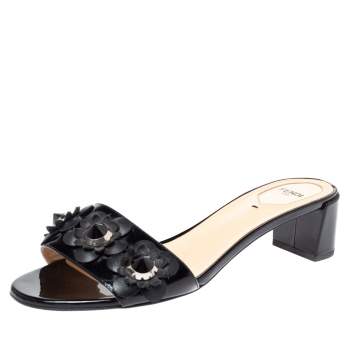 Pre Owned Fendi Black Leather Flowerland Open Toe Sandals Size 40