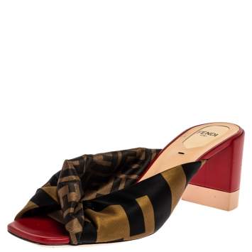 Pre Owned Fendi Green/Black Logo Print Satin Twist Knotted Open Toe Mules Size 38.5