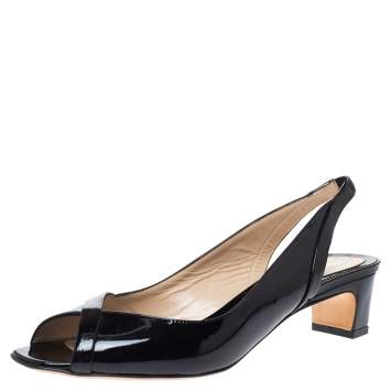 Pre Owned Fendi Black Patent Leather Wedge Slingback Sandals Size 39