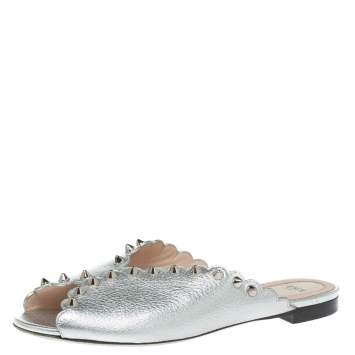 Pre Owned Fendi Silver Leather Studded Flat Slides Size 39
