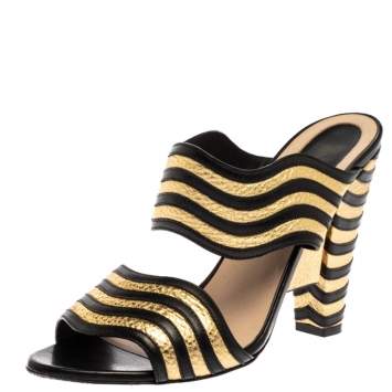 Pre Owned Fendi Gold/Black Striped Wave Leather Block Heel Sandals Size 39