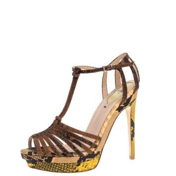 Pre Owned Fendi Multicolor Snake Embossed Cork Platform Strappy Peep Toe Ankle Strap Sandals Size 38.5
