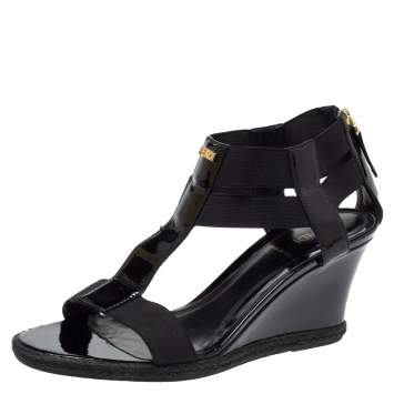 Pre Owned Fendi Black Patent Leather And Elastic Fabric T Strap Espadrille Wedge Sandals Size 39