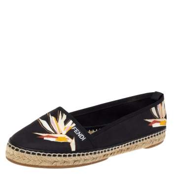 Pre Owned Fendi Black Printed Satin Espadrilles Flats Size 40