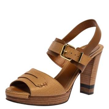 Pre Owned Fendi Brown Lizard Embossed Leather Platform Ankle Strap Sandals Size 39