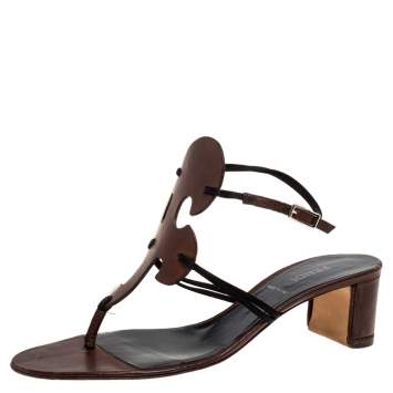 Pre Owned Fendi Brown/Black Satin And Leather Thong Slingback Block Heel Sandals Size 39