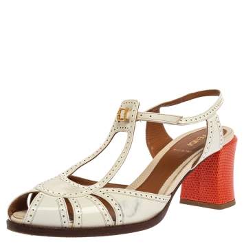 Pre Owned Fendi White Cut-Out Patent Leather And Orange Lizard Block Heel Peep Toe Sandals Size 41