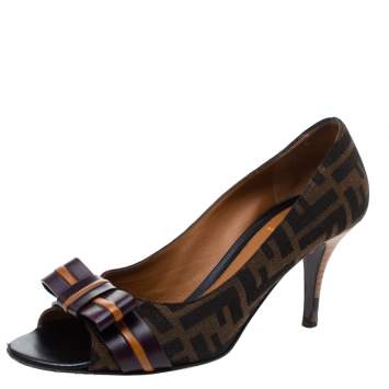Pre Owned Fendi Tobacco Zucca Canvas and Leather Bow Peep Toe Pumps Size 38