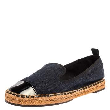 Pre Owned Fendi Indigo Dark Blue Denim Junia Patent Leather Cap Toe Espadrilles Size 37.5