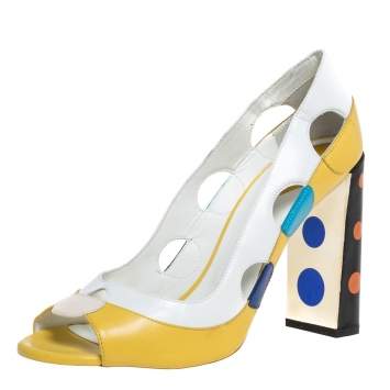 Pre Owned Fendi Multicolor Leather Cut Out Polka Dot Heel Peep Toe Pumps Size 39.5
