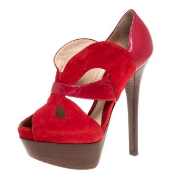 Pre Owned Fendi Red Suede And Leather Cut Out Platform Open Toe Sandals Size 37.5