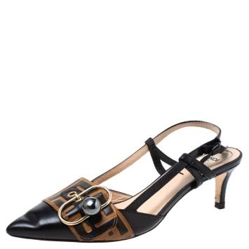Pre Owned Fendi Black/Brown Zucca Pearland Slingback Pumps Size 37