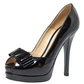 Pre Owned Fendi Black Patent Leather Bow Peep Toe Platform Pumps Size 38