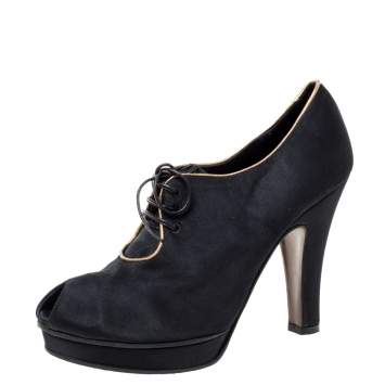 Pre Owned Fendi Black Satin Platform Peep Toe Lace Up Ankle Booties Size 37