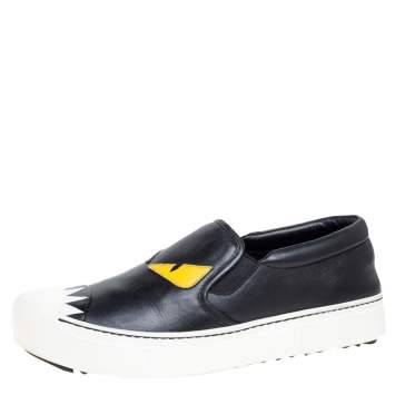 Pre Owned Fendi Black Leather Monster Slip On Sneakers Size 37.5