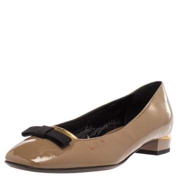 Pre Owned Fendi Dark Beige Patent Leather Bow Ballet Flats Size 37.5