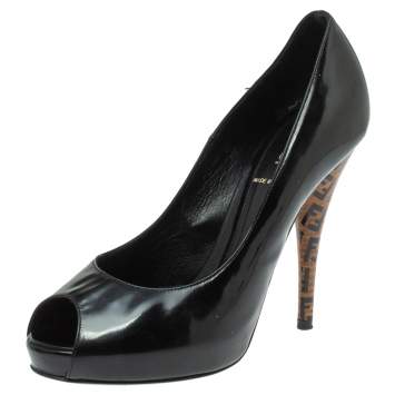 Pre Owned Fendi Black Patent Leather Zucca Print Heel Peep Toe Platform Pumps Size 37