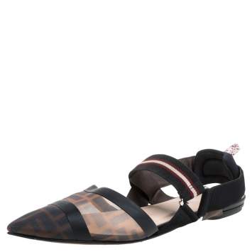 Pre Owned Fendi Black/Brown Zucca Mesh Colibri Slingback Flat Sandals Size 38
