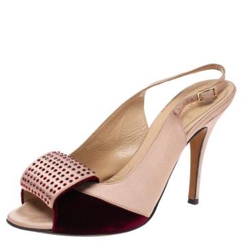 Pre Owned Fendi Beige/Burgundy Satin Crystal Embellished Slingback Peep Toe Sandals Size 37