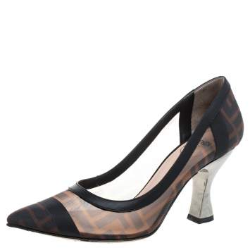 Pre Owned Fendi Brown/Black Zucca Mesh And Leather Trim Colibrì Pointed Toe Pumps Size 35