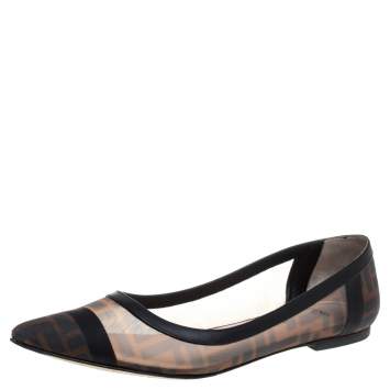 Pre Owned Fendi Brown/Black Zucca Mesh And Leather Trim Colibrì Pointed Toe Ballet Flats Size 39.5