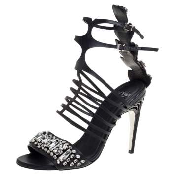 Pre Owned Fendi Black Leather Crystal Embellished Runway Strappy Sandals Size 38.5
