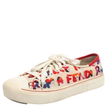 Pre Owned Fendi Multicolor Logo Printed Canvas Lace Low Top Sneakers Size 37