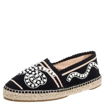 Pre Owned Fendi Black/Beige Knit Fabric Pearl Embellished Espadrilles Flats Size 37.5