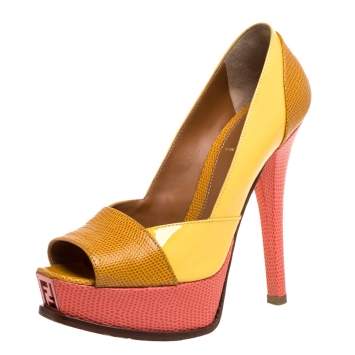 Pre Owned Fendi Yellow/Pink Fendista Colorblock Lizard-Embossed Leather Peep Toe Platform Pumps Size 36
