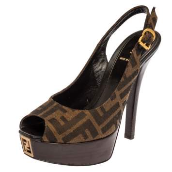 Pre Owned Fendi Tobacco Zucca Canvas Fendista Platform Slingback Sandals Size 37 