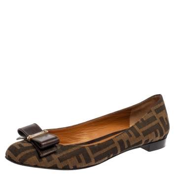 Pre Owned Fendi Brown Tobacco Zucca Canvas and Leather Bow Detail Ballet Flats Size 37.5