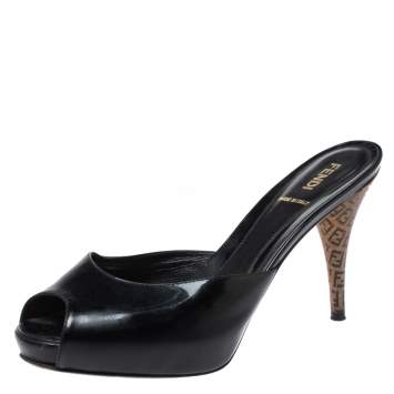 Pre Owned Fendi Black Patent Leather FF Superstar Mule Slides Size 38.5