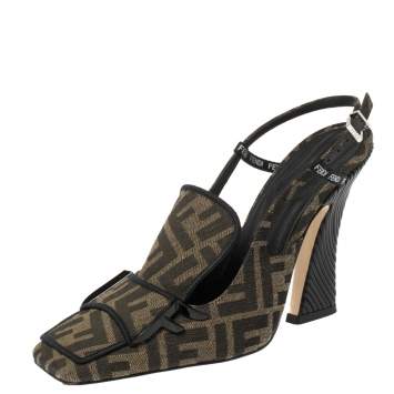 Pre Owned Fendi Tobacco Zucca Canvas and Leather FFreedom Slingback Pumps Size 39