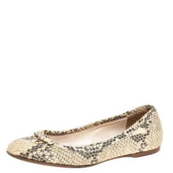 Pre Owned Fendi Beige Python Effect Leather Charm Ballet Flats Size 37