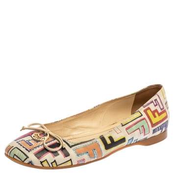 Pre Owned Fendi White Multicolor Zucca Spalmati Ballet Flats Size 37