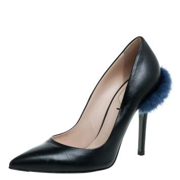 Pre Owned Fendi Black Leather And Mink Fur Trim Pointed Toe Pumps Size 36