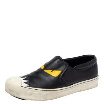 Pre Owned Fendi Black Leather Monster Slip On Sneakers Size 40