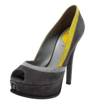Pre Owned Fendi Grey/Yellow Suede Fendista Peep Toe Pumps Size 38.5