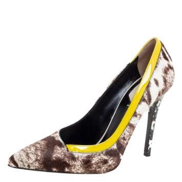 Pre Owned Fendi Brown/White Pony Hair And Patent Leather Trim Pointed Toe Pumps Size 37.5