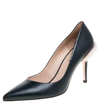 Pre Owned Fendi Dark Green Leather and Fur Trim Pointed Toe Pumps Size 38