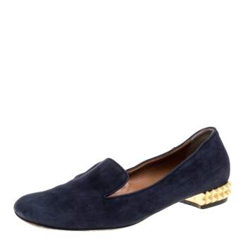 Pre Owned Fendi Navy Blue Suede Studded Heel Smoking Slippers Size 38