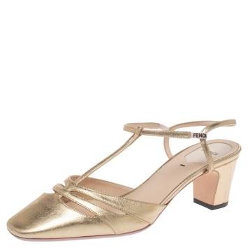 Pre Owned Fendi Metallic Gold Leather T Strap Block Heel Sandals Size 39.5