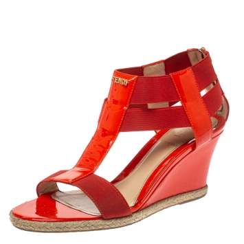 Pre Owned Fendi Red Patent Leather And Elastic Fabric T Strap Espadrille Wedge Sandals Size 37.5