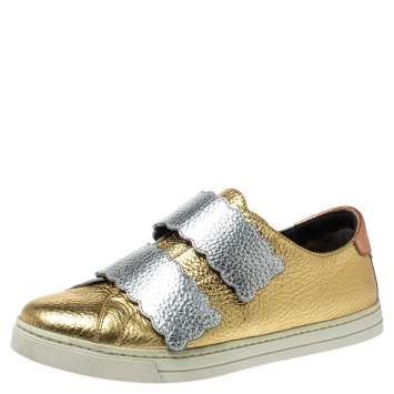 Pre Owned Fendi Tricolor Metallic Leather Scalloped Velcro Sneakers Size 38